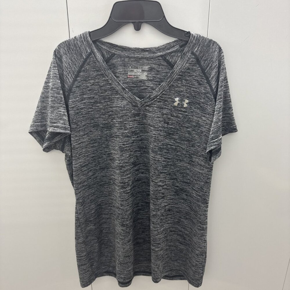 Under Armour Women's Large Workout Shirt Heatgear Semi Fitted V-Neck Shirt Gray